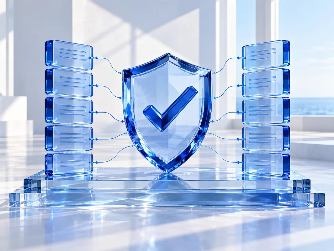 A blue glass verification shield connecting source and destination document stacks